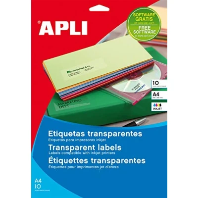 Image of APLI 10051 Pack of 10 Sheets Transparent Ink Colour Labels 70 x 37 mm