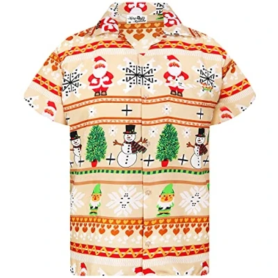 Image of King Kameha Men Christmas Santa Claus Office Party Short Sleeve Button Down Shirts, Rows, Beige, XL