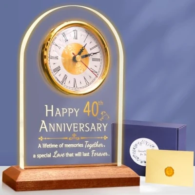 Image of OkiyiD 50th Anniversary Wedding Gift, Quartz Clock, Desk Table 50 Years of Marriage, Golden for Couple, Parents, Grandparents (40th Anniversary)