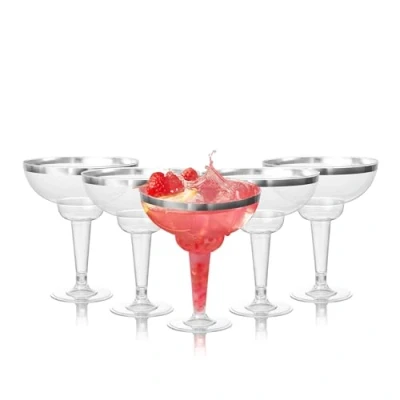 Image of MATANA 48 Elegant Plastic Margarita Cocktail Glasses with Silver Rim (360ml / 12oz) Sturdy &amp; Reusable Daiquiri Martini for Weddings Birthdays, Christmas Outdoor Parties