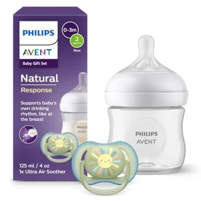 Image of Philips Avent Natural Response Baby Gift Set: 2 Bottles 260 ml with T3 (1 m+ Teats), 4 Ultra Air Soothers (Model SCD837/13)