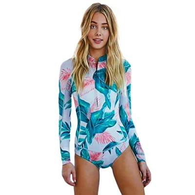 Image of Beachkini Women Sun Protection Swimwear Long Sleeve Swimsuit One Piece Zip Up Surfwear Rash Guards,21,XL