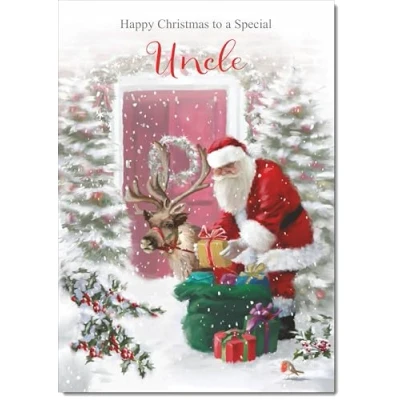 Image of doodlecards Uncle Christmas Card Santa with Parcels Medium Size for Plain Envelope