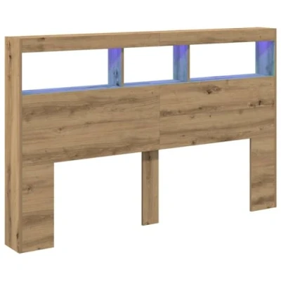 Image of vidaXL Headboard Cabinet with RGB LED Lighting, Artisan Oak, Engineered Wood, 160x17x102 cm, Bedroom Storage &amp; Back Support