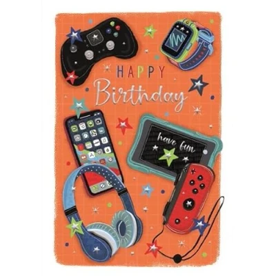 Image of ICG General Male Open Birthday Card for Men/Boys Gaming Technology, Mobile Phone and Headphones Embossed with Silver Foil Stars Made in the UK