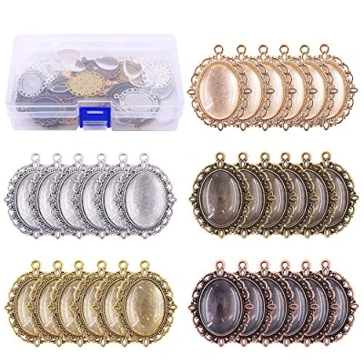 Image of Swpeet 60 Pcs Pendant Trays Kit, Including 30 Pieces 5 Colors Oval Bezels with Glass Dome Tiles for Crafting DIY Jewelry Making, S,