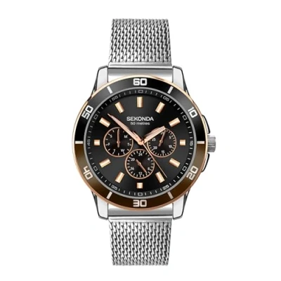 Image of Sekonda Midnight Men&#039;s 44mm Quartz Watch in Black with Analogue Day/Date Display, and Silver Stainless Steel Strap 1841