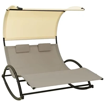 Image of vidaXL Double Sun Lounger with Canopy, Textilene Fabric Designed, Robust Steel Frame for Outdoor and Garden in Taupe Cream Includes Two Pillows