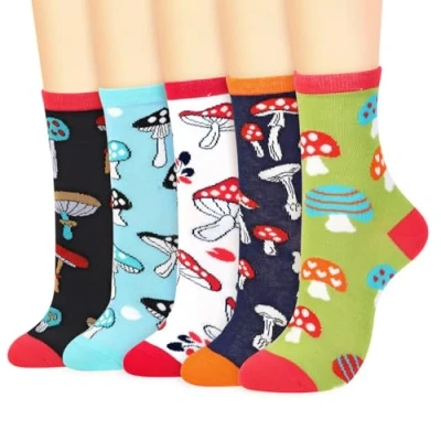 Image of Vinsani 5 Pair Pack Cute Animal Print Socks Fun Colorful Cotton One Size Fits All Soft Breathable Comfortable Everyday for School Casual Wear (UK, Age, Size, Regular, Mushrooms)