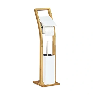 Image of Relaxdays Size: 75 x 19 cm Bamboo Paper Bathroom Butler Brush Roll Holder Free Toilet Stand, Natural Brown/White,