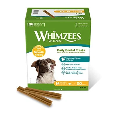 Image of WHIMZEES By Wellness Stix, Month Box, Natural and Grain Free Dog Chews, Dental Sticks for Medium Breeds, 30 Pieces (One Supply), Size M