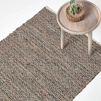 Image of HOMESCAPES Brown Genuine Leather Rug Handwoven Diamond Design Recycled Eco Friendly Real Rug, 120 x 180 cm