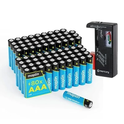 Image of Maplin 80x AAA LR03 1.5V Alkaline Batteries (Triple A) 10 Year Shelf Life High Performance with Universal Battery Tester
