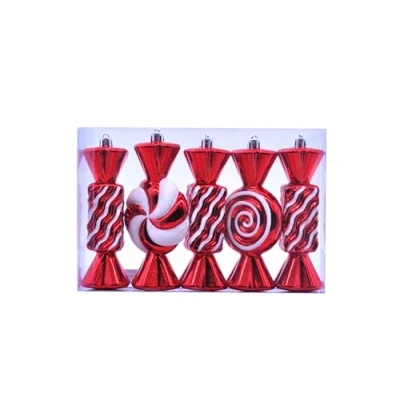 Image of Festive Productions Pack of 5 Shatterproof Red and White Candy Stripe Christmas Tree Hanging Decorations Baubles Xmas 15cm Assorted Shaped