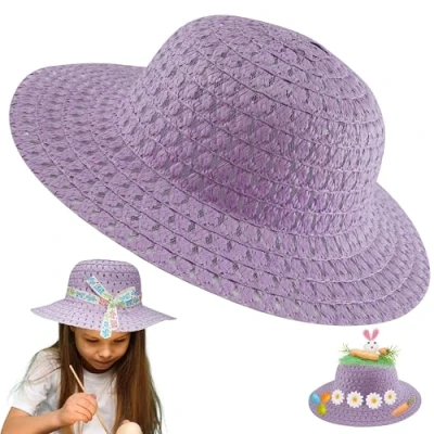 Image of SRV Hub 52cm Circumference Blue Easter Bonnet Hat Natural Straw Material Kids DIY Activity