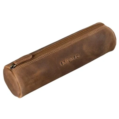 Image of STILORD &#039;Miller&#039; Pencil Roll Case Leather Vintage Pen Pouch Round Organiser for Women Men Stationary Slim in Genuine Leather, Colour:Middle Brown