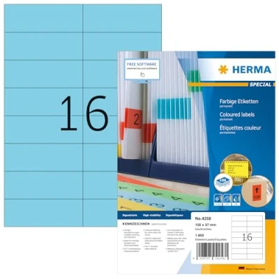 Image of HERMA Self Adhesive Coloured Labels, 16 Labels per A4 Sheet, 100 Sheets, 105 x 37 mm, 1600 Blank Colour Stickers, Sticky for Laser &amp; Inkjet Printer, Blue