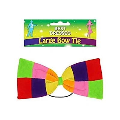 Image of Adults Clown Large Patchwork Rainbow Bow Tie Fancy Dress Accessory Party Novelty