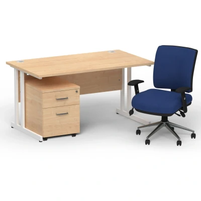Image of Impulse 1400 White Cant Desk Maple + 2 Dr Mobile Ped &amp; Chiro Blue