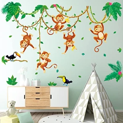 Image of DECOWALL DWL 2013 Monkeys in Jungle Kids Wall Stickers Decals Peel and Stick Removable for Nursery Bedroom Living Room Art murals Decorations