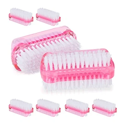 Image of Relaxdays Nail Brush, Set of 8, Double Sided with Hard Bristles, Plastic, HxWxD: 3.5 x 8.5 cm, Bathroom, Pink, 7 cm