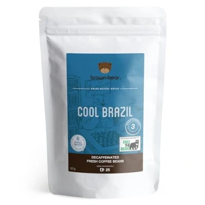 Image of Brazilian Decaffeinated Coffee Beans 227g Brown Bear Cool Brazil Swiss Water Decaf Process For All Machines Strength 3 Medium Roast 100% Arabica