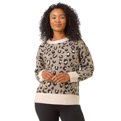 Image of Roman Originals Jumper for Women UK Ladies Winter Autumn Casual Pull On Round Crew Neck Long Sleeve Comfy Work Dinner Party Everyday Colourful Longline Stylish Petite Taupe Size 14