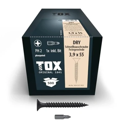 Image of TOX Drywall Screws 3.9 x 55 mm, Black Phosphated with Trumpet Head + Fine Thread, Plasterboard on Metal Substructure, PH2, Pack of 500, Includes 1x Bit, 142453213955