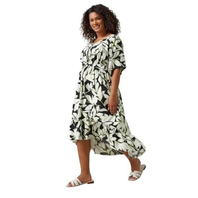 Image of EVANS Curve Leaf Print Dipped Hem Midi Dress Women&#039;s Plus Size Black