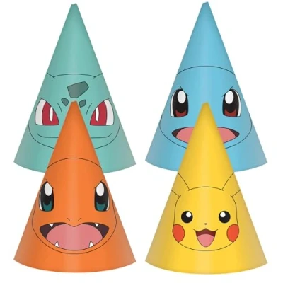 Image of Amscan 9917126 Pokémon Kids Birthday Party Cone Hats Assorted Designs 8 Pack