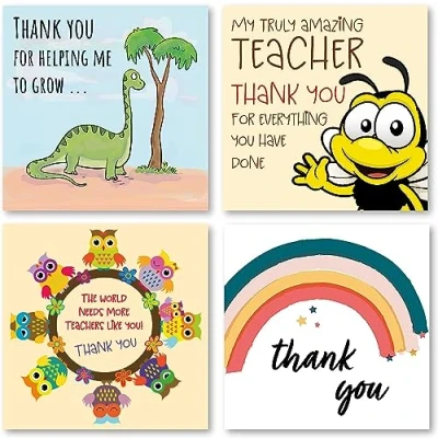 Image of Teacher Thank You Cards Multipack of 4. Each Greeting Pack includes 4 Designs (Vol 1). 115 x 115mm. Blank Inside. Envelopes included. Made in UK.