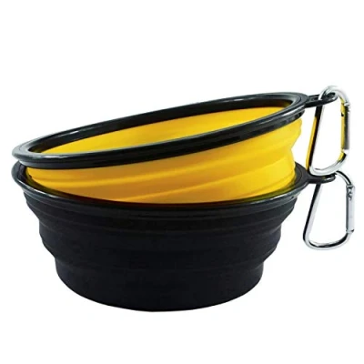 Image of HINMAY Large Silicone Collapsible Dog Bowls Foldable Pet Cat Food Water Bowl, Pack of 2 (Yellow+Black)