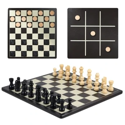 Image of 3 in 1 Chess, Draughts and Tic Tac Toe Set Wooden Chess Set, Double Sided 28cm Game Board with Extra Queens Fun Family for Adults Kids Ideal All Ages