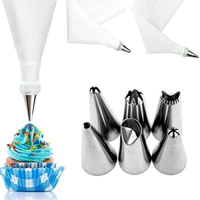 Image of Reusable Icing Piping Bag + 6 Nozzles Tips Set Cake Cupcake Decorate