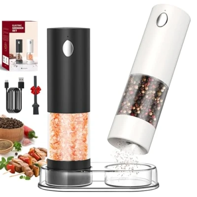 Image of CIRCLE JOY Salt and Pepper Grinder Set Electric, USB Rechargeable Mill with Storage Base, Washable Container, Adjustable Coarseness White LED Light, Black