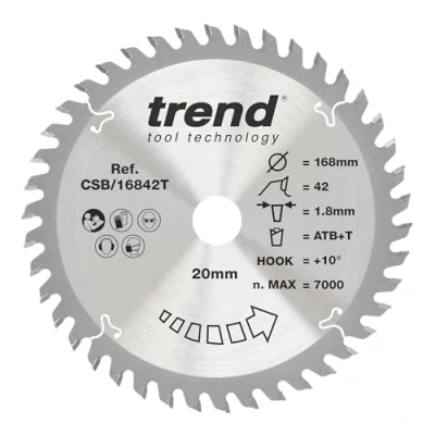 Image of Trend Wood Cordless Circular Saw Blade, 168mm Diameter, 20mm Bore, 42 Teeth, 1.8mm Kerf, +10 Hook, TCT, Fine Finish, CSB/16842T