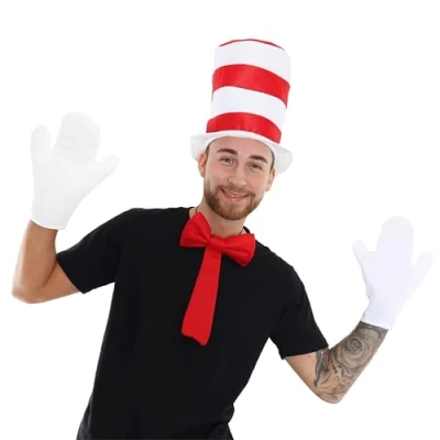 Image of Adults Cat Hat Accessory Set Red and White Striped Hat, Large Gloves Deluxe Bow Tie Book Week Fancy Dress Costume Accessories