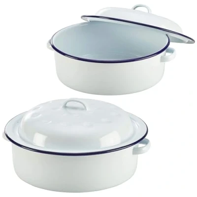 Image of 20cm Enamel Roasting Casserole Dish Tray Tin Pan with Lid Round Roaster Bowl Houseware Kitchen Meat Veg Self Basting Oven Baking White