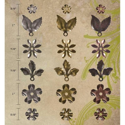 Image of Tim Holtz Idea Ology .375 inch to 1 Metal Foliage with Fasteners 1, Pack of 8 Antique Nickel, Brass and Copper