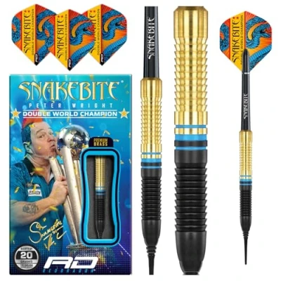 Image of RED DRAGON Peter Wright Snakebite 18G Barrel 20G Full Weight Soft Tip Brass Darts Set with Dart Flights and Shafts (Stems)