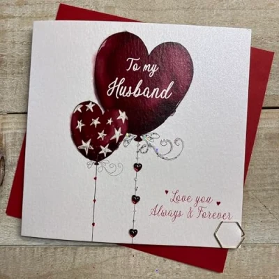 Image of WHITE COTTON CARDS HUSBAND RED HEART BALLOONS VALENTINE CARD, HAND FINISHED (V24 1)