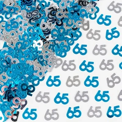 Image of SHATCHI 28 g Blue and Silver 65th Birthday Confetti Foil Metallic Glitz Table Scatter Sprinkles Age Bday Party Decorations, 12 mm