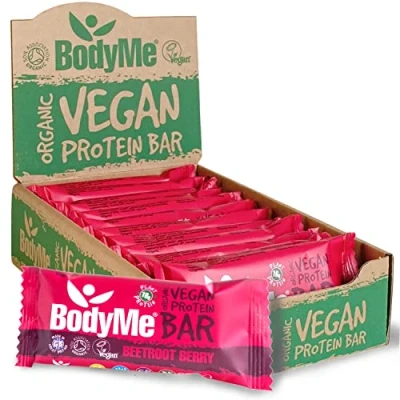 Image of BodyMe Organic Vegan Protein Bar Raw Beetroot Berry 12 x 60g Snack Bars Gluten Free 16g Complete 3 Plant Proteins All Essential Amino Acids High Snacks