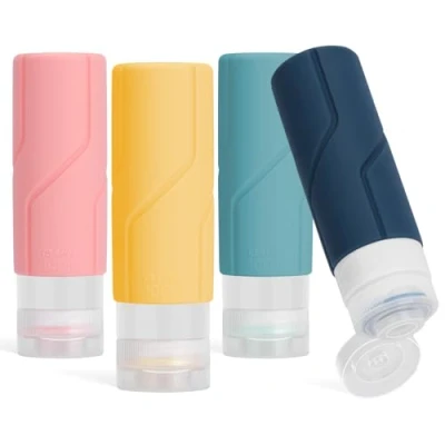 Image of Alyvisun 4 Pack Silicone Travel Bottles for Toiletries, [Refillable &amp; Leak proof] Containers, 100ml Small Size Squeezy Shampoo, Lotion, Cosmetic