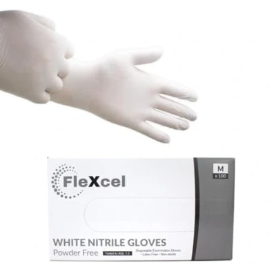 Image of FleXcel Powder Free Nitrile Gloves, White, Large Medical Grade, Latex Free, Food Safe (Box of 100)