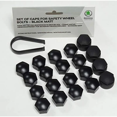 Image of Skoda Genuine Alloy Wheel Bolt Nut Caps Covers 17mm (Black Matt + Tool)