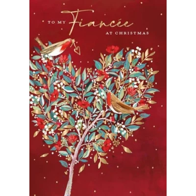 Image of My Fiancee Floral Festive Robin Embellished Christmas Card Xmas Greeting Cards X15386MW