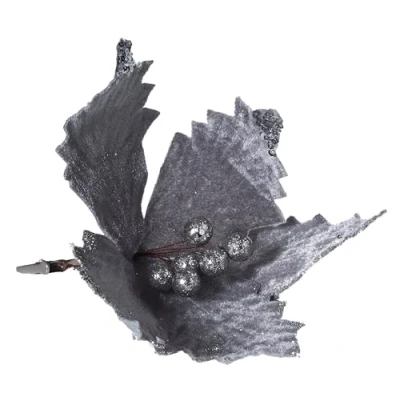 Image of BWG Clip On Grey 23cm Poinsettia Flower Christmas Tree Decorations Set of 6