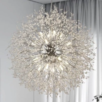 Image of CAI HAI Modern Dandelion Crystal Light Fixture, Kitchen Island Bedroom Farmhouse Foyer with Large Firework Silver Chandelier 16 Lights (D31.5inch)