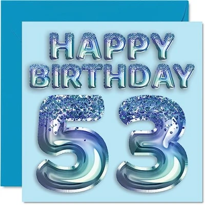 Image of 53rd Birthday Card for Men Blue Glitter Party Balloon Happy Cards 53 Year Old Man Uncle Grandad Dad Grandpa Gran, 145mm x Fifty Three Third Bday Greeting Gift